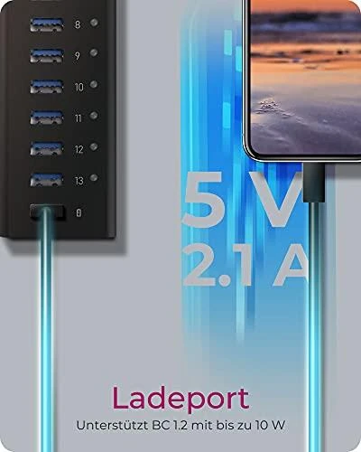 ICY BOX IB-AC6113 13x prievadas USB 3.0 šakotuvas su USB įkrovimo prievadu Juodas