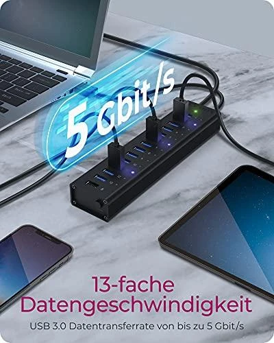 ICY BOX IB-AC6113 13x prievadas USB 3.0 šakotuvas su USB įkrovimo prievadu Juodas