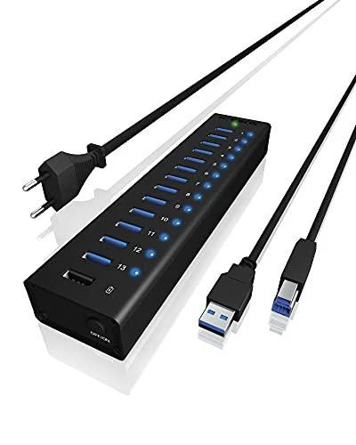 ICY BOX IB-AC6113 13x prievadas USB 3.0 šakotuvas su USB įkrovimo prievadu Juodas