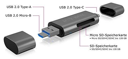 „Icy Box Raidsonic“ | Išorinis kortelių skaitytuvas su kelių USB jungčių jungtimi | Išorinis | „Micro SDHC“, „Micro SDXC“, „Micro SD 3.0 UHS-I SD, SDHC, SDXC, SD 2.0 UHS-I, MMC | išorinis
