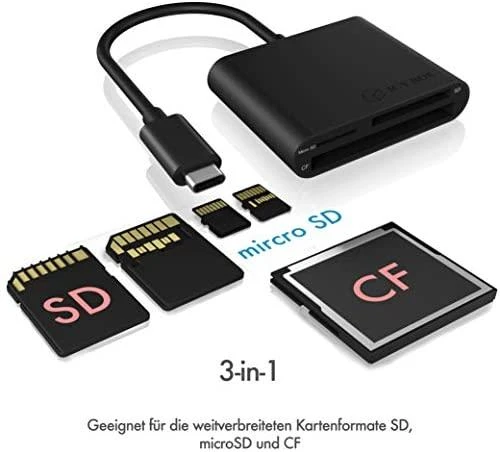 Icy Box RaidSonic ICYBOX USB 3.0 kortelių skaitytuvas Išorinis USB 3.0 Type-C pagrindinio kompiuterio jungtis SD 3.0 UHS-I Juodas