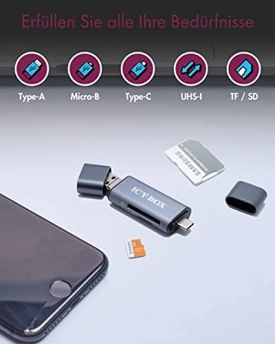 „Icy Box Raidsonic“ | Išorinis kortelių skaitytuvas su kelių USB jungčių jungtimi | Išorinis | „Micro SDHC“, „Micro SDXC“, „Micro SD 3.0 UHS-I SD, SDHC, SDXC, SD 2.0 UHS-I, MMC | išorinis