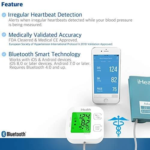 Kraujospūdžio matuoklis iHealth | Trasa | KN-550BT | Baltas/Mėlyna | Kraujospūdžio (sistolinio ir diastolinio) apskaičiavimas, Širdies susitraukimų dažnio skaičiavimas | 4 | Belaidis Bluetooth ryšys | Automatinis | Svoris 438 g