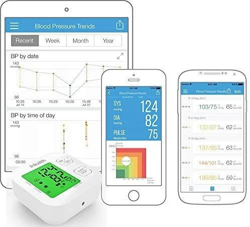 Kraujospūdžio matuoklis iHealth | Trasa | KN-550BT | Baltas/Mėlyna | Kraujospūdžio (sistolinio ir diastolinio) apskaičiavimas, Širdies susitraukimų dažnio skaičiavimas | 4 | Belaidis Bluetooth ryšys | Automatinis | Svoris 438 g