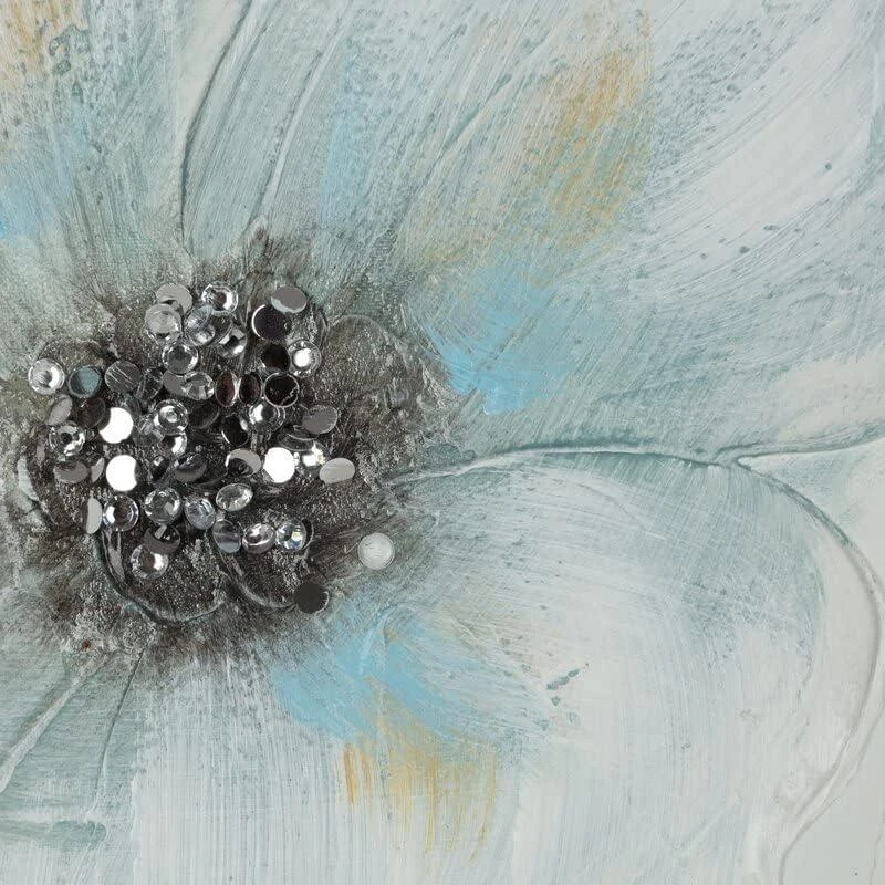 Eurofirany Rankomis tapytas gėlių paveikslas ant drobės, smėlio ir mėlynos spalvos gėlės, 60x60 cm kvadratinis paveikslas, klasikinis elegantiškas dekoras, unikali tekstūrinė sienų dekoracija