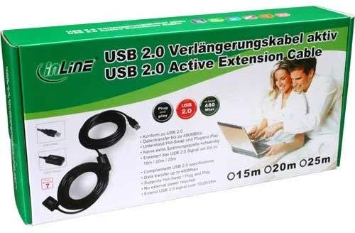 Kabelis USB InLine USB-A - USB-A 20 m Juodas (34613I)