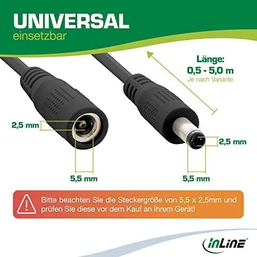 Maitinimo kabelis InLine ® Nuolatinės srovės lizdas, nuolatinės srovės kištukas, 5.5x2.5mm, AWG 18, juodas, 5m