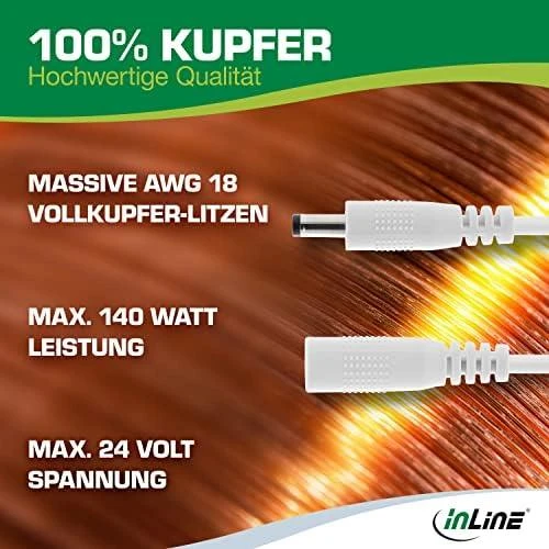 Maitinimo kabelis InLine ® Nuolatinės srovės išplėtimo kabelis, nuolatinės srovės kištukinis lizdas, 5.5x2.1mm, AWG 18, baltas, 5m