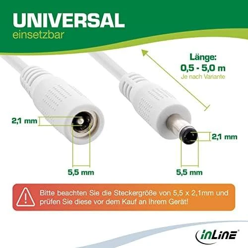 Maitinimo kabelis InLine ® Nuolatinės srovės išplėtimo kabelis, nuolatinės srovės kištukinis lizdas, 5.5x2.1mm, AWG 18, baltas, 5m