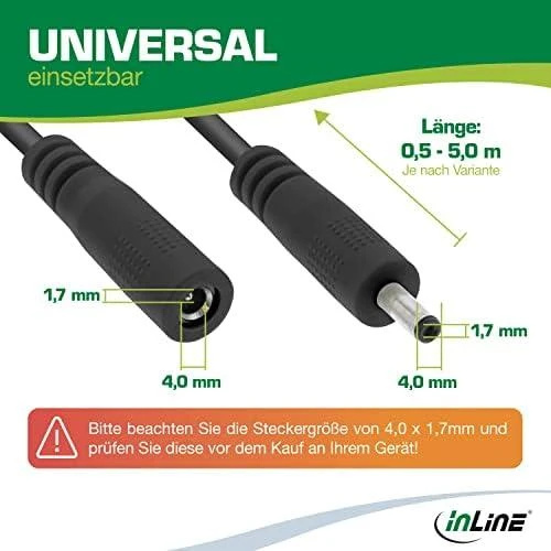 Maitinimo kabelis InLine ® Nuolatinės srovės lizdas, nuolatinės srovės kištukas, 4.0x1.7mm, AWG 18, juodas, 3m