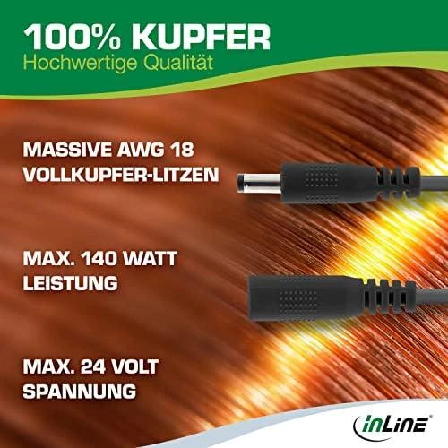 Maitinimo kabelis InLine ® Nuolatinės srovės lizdas, nuolatinės srovės kištukas, 5.5x2.5mm, AWG 18, juodas, 5m