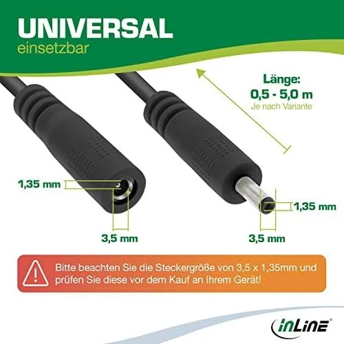 Maitinimo kabelis InLine ® Nuolatinės srovės lizdas, nuolatinės srovės kištukas, lizdas 3.5x1.35mm, AWG 18, juoda, 5m