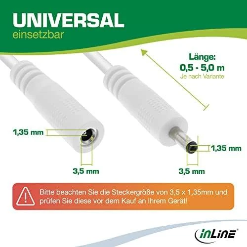 Maitinimo kabelis InLine ® Nuolatinės srovės lizdas, nuolatinės srovės kištukas, 3.5x1.35mm, AWG 18, baltas, 5m