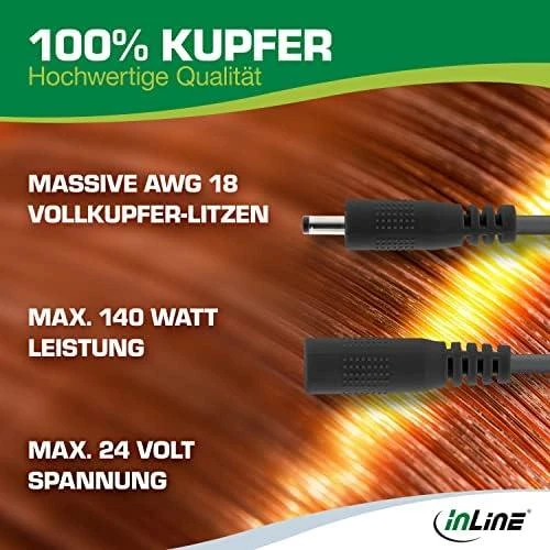 Maitinimo kabelis InLine ® Nuolatinės srovės lizdas, nuolatinės srovės kištukas, lizdas 3.5x1.35mm, AWG 18, juoda, 5m
