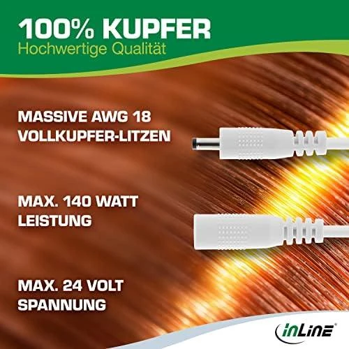 Maitinimo kabelis InLine ® Nuolatinės srovės lizdas, nuolatinės srovės kištukas, 3.5x1.35mm, AWG 18, baltas, 5m