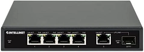 Šakotuvas Intellinet 561822 jungiklis Gigabit 4x RJ45 PoE+, 1x RJ45 Uplink, 1x lizdas SFP