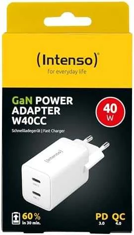 Intenso 40W GaN dvigubas USB-C įkroviklis pakuotėje