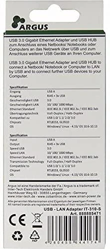 USB3.0 HUB 3Port Inter-Tech Argus IT-310-S 1x RJ45 Gigabit Lan pasyvus sidabrinis