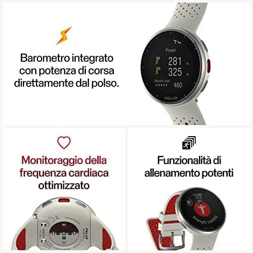 Išmanusis laikrodis Polar Pacer Pro, S/L dydždio, Balta spalvos su baltai raudonu silikoniniu dirželiu