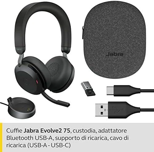 JABRA Evolve2 75 Ausinės on-ear Bluetooth belaidės aktyvus triukšmo slopinimas USB-A noise isolating juodas su charging stand MS Te