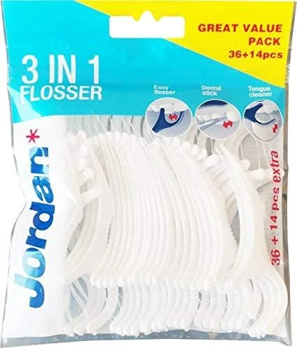 Jordan Flosser 3in1 dantų krapštukai su siūlų ir liežuvio valikliu 50vnt.