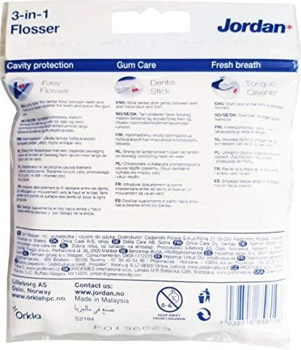 Jordan Flosser 3in1 dantų krapštukai su siūlų ir liežuvio valikliu 50vnt.