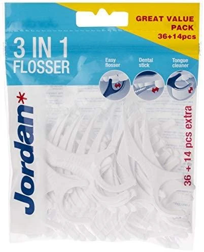Jordan Flosser 3in1 dantų krapštukai su siūlų ir liežuvio valikliu 50vnt.