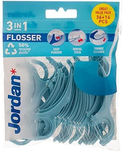 Jordan Flosser 3in1 dantų krapštukai su siūlų ir liežuvio valikliu 50vnt.