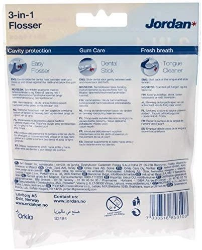 Jordan Flosser 3in1 dantų krapštukai su siūlų ir liežuvio valikliu 50vnt.