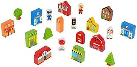 Tooky Toys Paimtas žaislinis medinis pastatų komplektas ir „Figurines City“