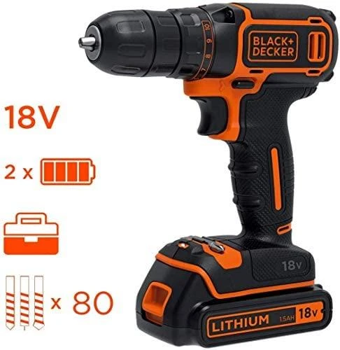 Akumuliatorinis gręžtuvas-suktuvas Black & Decker BDCDC18BAFC + 2x1.5Ah + antgalių rinkinys