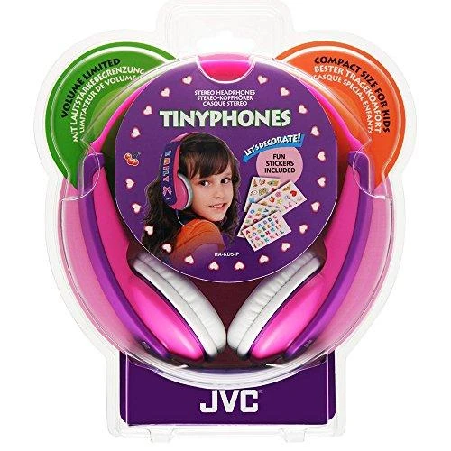 Rožinės JVC Tinyphones ausinės pakuotėje