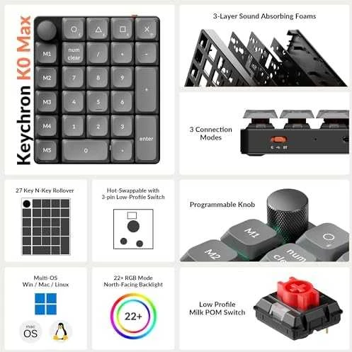 Keychron K0 Max Wireless (K0M-H1) – US išdėstymas – Hot-Swappable Super Raudona – Juodas (Juoda) Mechaninė Belaidė Žaidimų Klaviatūra