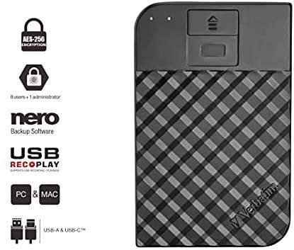 Kietasis diskas Išorinis standusis diskas Verbatim Fingerprint Secure, 2TB, USB Type-C 3.2 Gen 1 (3.1 Gen 1), juodas