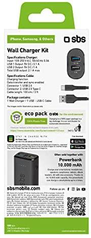 SBS USB kelioninis įkrovimo rinkinys su Type-C kabeliu, skirta patalpoms, AC, USB, 5 V, 1 m, juodas