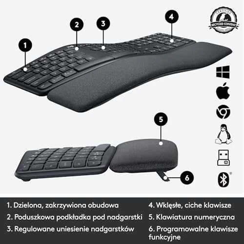 Logitech ERGO K860 SPLIT belaidė klaviatūra verslui, grafito spalvos, JAV tarptautinis išdėstymas (Qwerty)