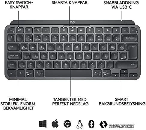 Minimalistinė Belaidė Klaviatūra su apašvietimu Logitech MX Keys Mini, Grafito spalvos, Šiaurės šalių (Qwerty) išdėstymas