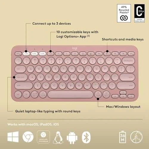 Belaidė klaviatūra Logitech PEBBLE KEYS 2 K380S, Rožinės spalvos, Išdėstymas: US tarptautinis (Qwerty)