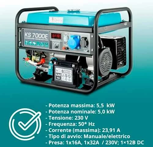 KÖNNER & SÖHNEN BENZINO GENERATORIUS 5.0kW 230V KS 7000E, ELEKTRINIS PALEIDIMAS