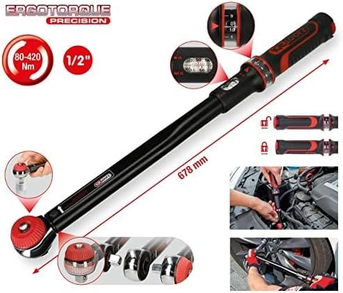 Dinamometrinis raktas su terkšle ERGOTORQUEprecision 1/2" 80-420Nm, KS Tools