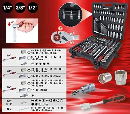 Raktų, terkšlių ir galvučių rinkinys KS TOOLS 1/4"+3/8"+1/2", 216 dalių