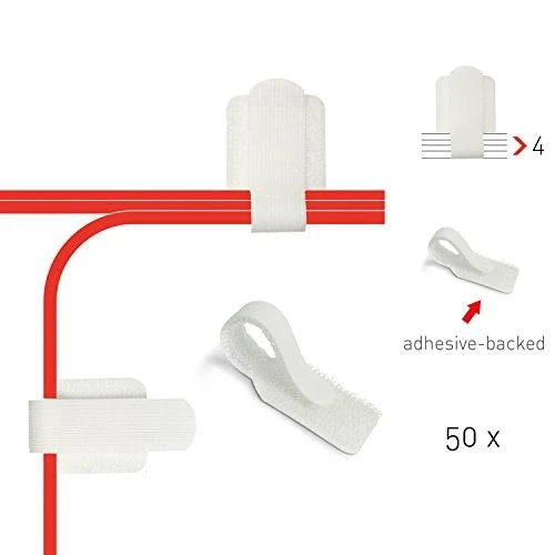 RAM LABEL THE CABLE PRO sieninis kabelių laikiklis su lipnia juosta, 50 dalių rinkinys – baltos spalvos