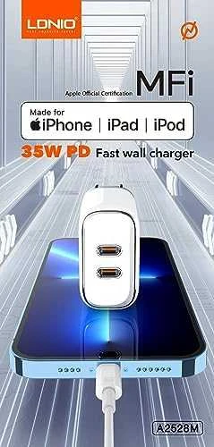 MFi sieninis įkroviklis LDNIO A2528M, 2xUSB-C, USB-C iki Lightning 35W