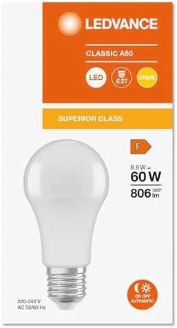 Ledvance 8,8W LED lemputė CLASSIC A, E27, baltos matinės sp., 2700K, su šviesos/judesio jutikliu