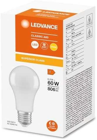 Ledvance 8,8W LED lemputė CLASSIC A, E27, baltos matinės sp., 2700K, su šviesos/judesio jutikliu