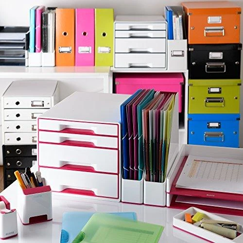 *Dokumentų dėžė Leitz Wow Dual, su 4 stalčiais, baltos/rožinės spalvos