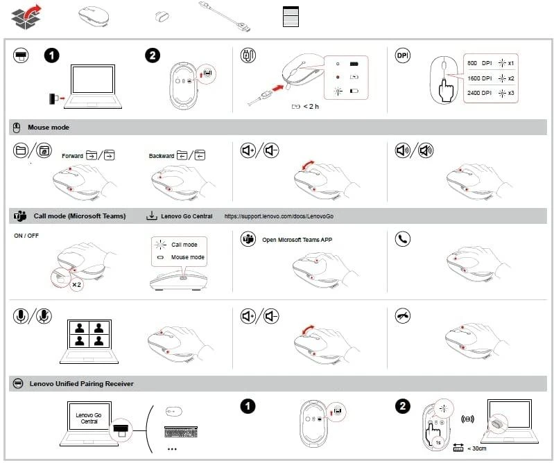 Belaidė pelė Lenovo Go USB-C, Audros pilkumo spalva
