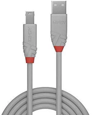 USB Kabelis - LINDY Anthra Line USB 2.0 Type A į B Laidas M/M, 5 m, Pilkas