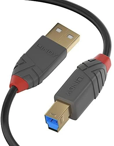 USB Kabelis - LINDY Anthra Line USB 3.2 Type A į B Laidas, M/M, 5Gbps, 5 m, Juodas