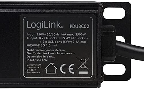 LogiLink PDU8C02 19 PDU 8x CEE 7/3 lizdas + 2 x USB, su apsauga nuo perkrovos